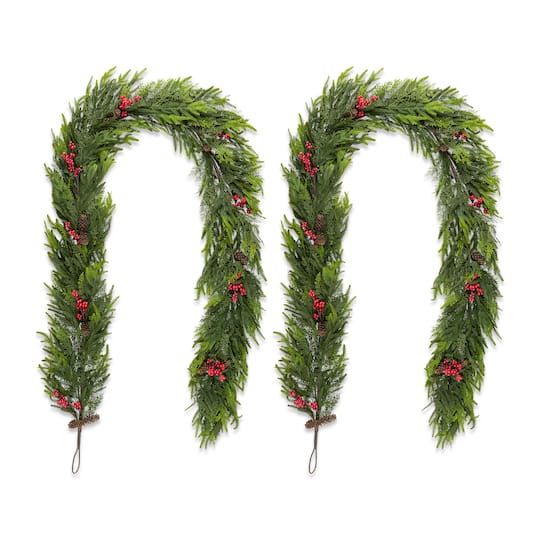 Glitzhome® 9ft. Christmas PE Dripping Garland with Pinecones and Red Berries, Set of 2